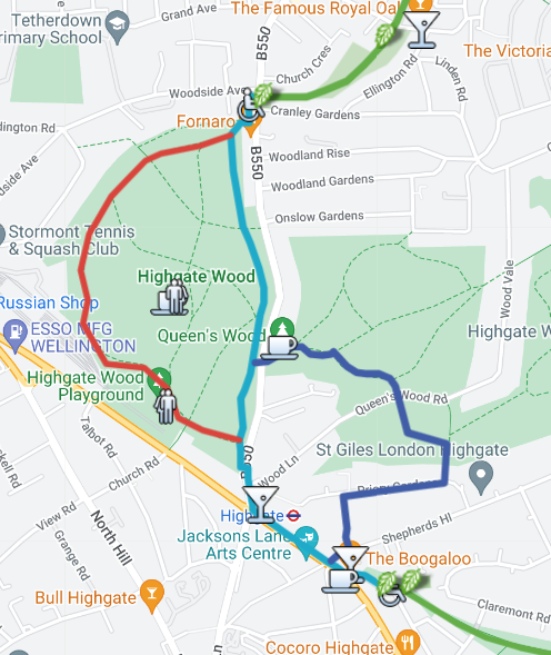Click on the image to open a Google map with routes marked. Click on the leaf icons for more localised information.
