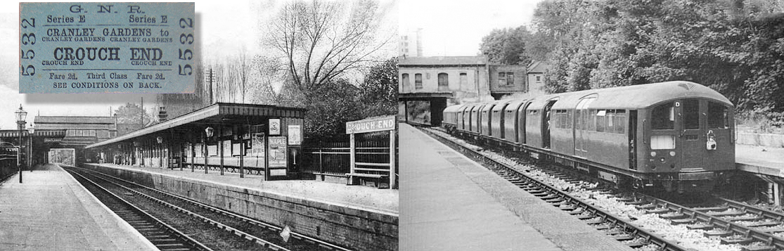 Crouch End Station c.1920s Photo from Ian Baker collection. Right: 1938 Northern Line stock on a weekly stock transfer from Drayton Park to Highgate Wood sidings passing through Crouch End Station on 1st July 1969. Photo: Jim Blake © North London Transport Society
